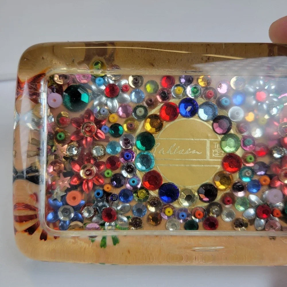 Vintage Lucite Paperweight Multicolored Rhinestones Beads Felt Backing 4
